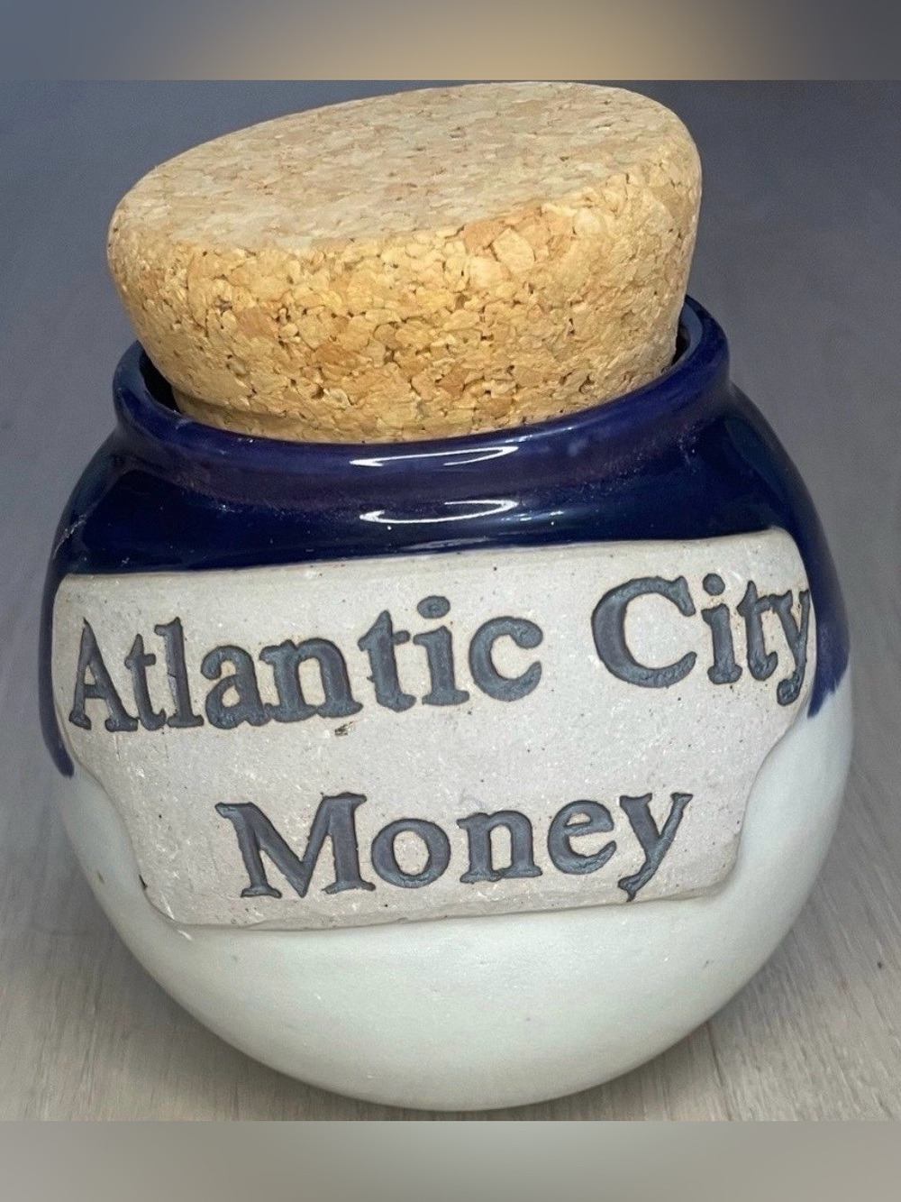 "Atlantic City Money” Jar with Cork Lid by Tumbleweed Pottery 4.5”